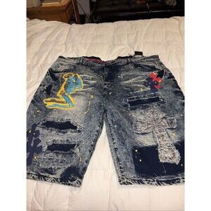 Rock Salt Distressed/Patchwork/Paint Splash Denim Shorts Blue Men s Size 50 NWT